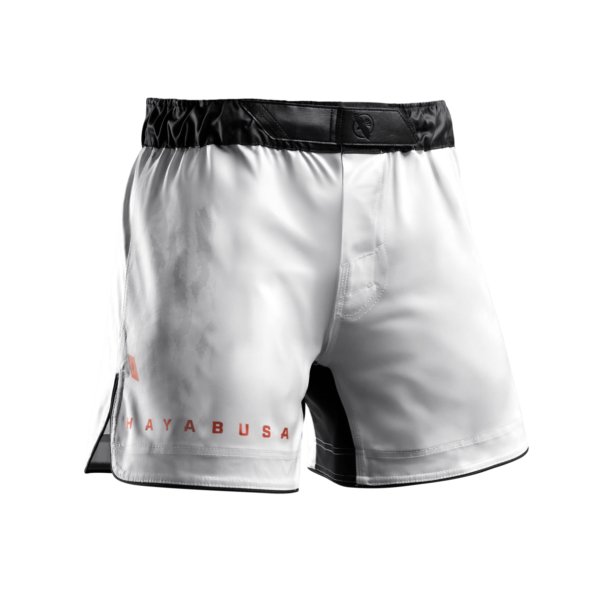 Vista frontal do short branco Hayabusa Apex Mid-Thigh MMA com fecho de pressão