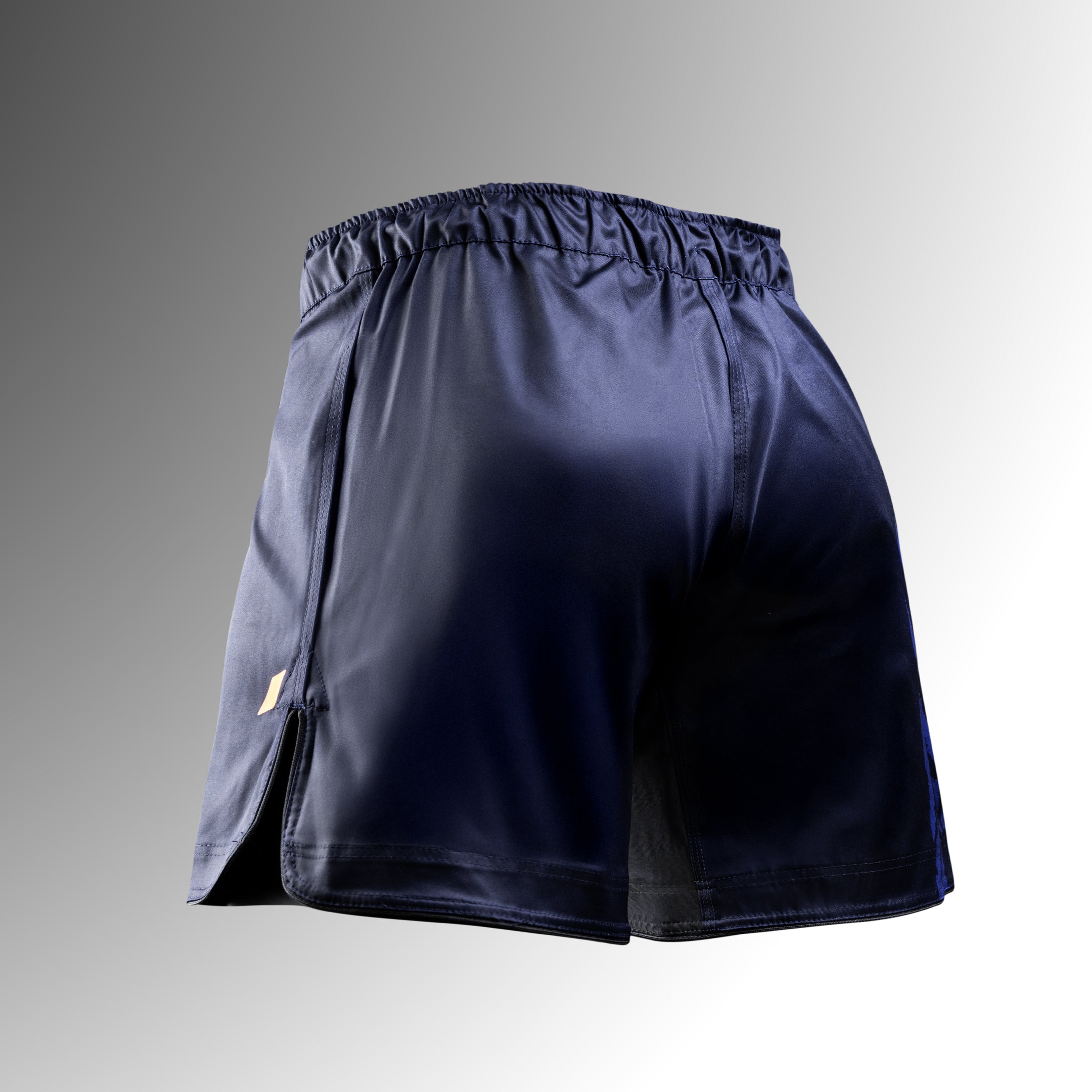 Vista posteriore dei pantaloncini MMA Hayabusa Apex Mid-Thigh blu, che mostra il girovita sicuro e il tessuto antistrappo
