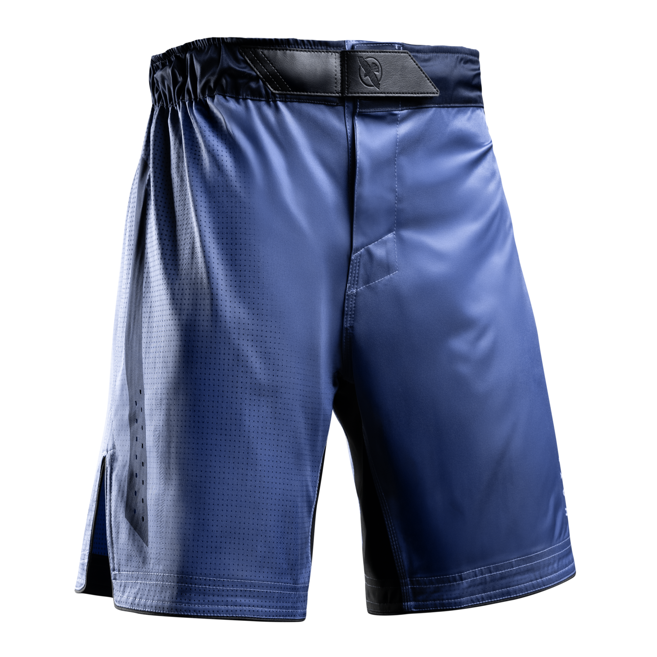Vista frontale dei pantaloncini MMA Hayabusa Core Full-Length blu con girovita bloccato in silicone