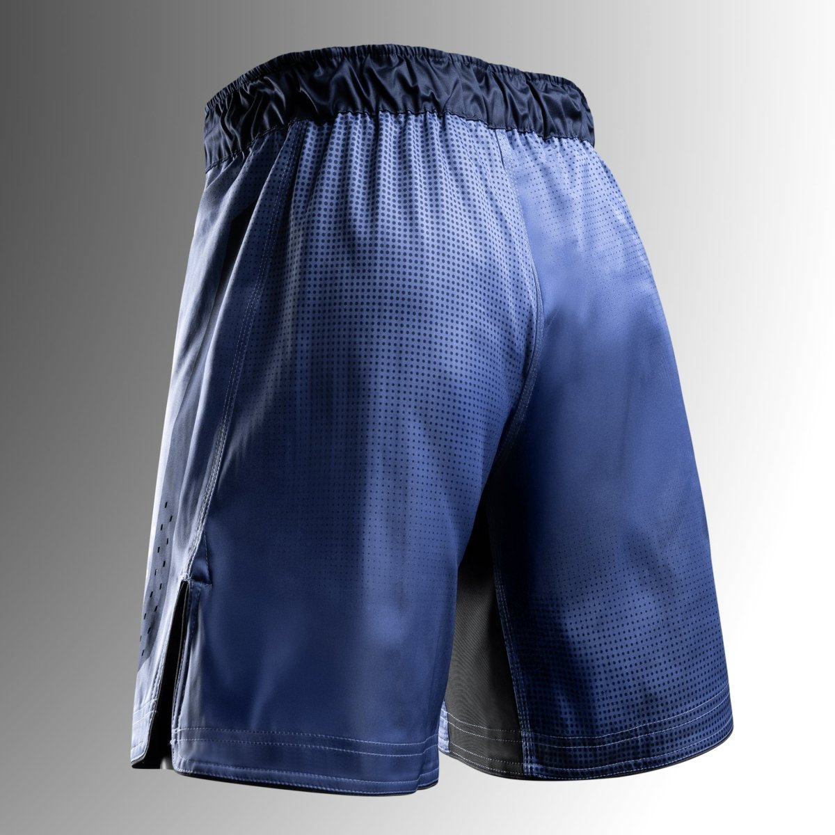 Rear view of the blue Hayabusa Core Full-Length MMA Shorts with reinforced stitching