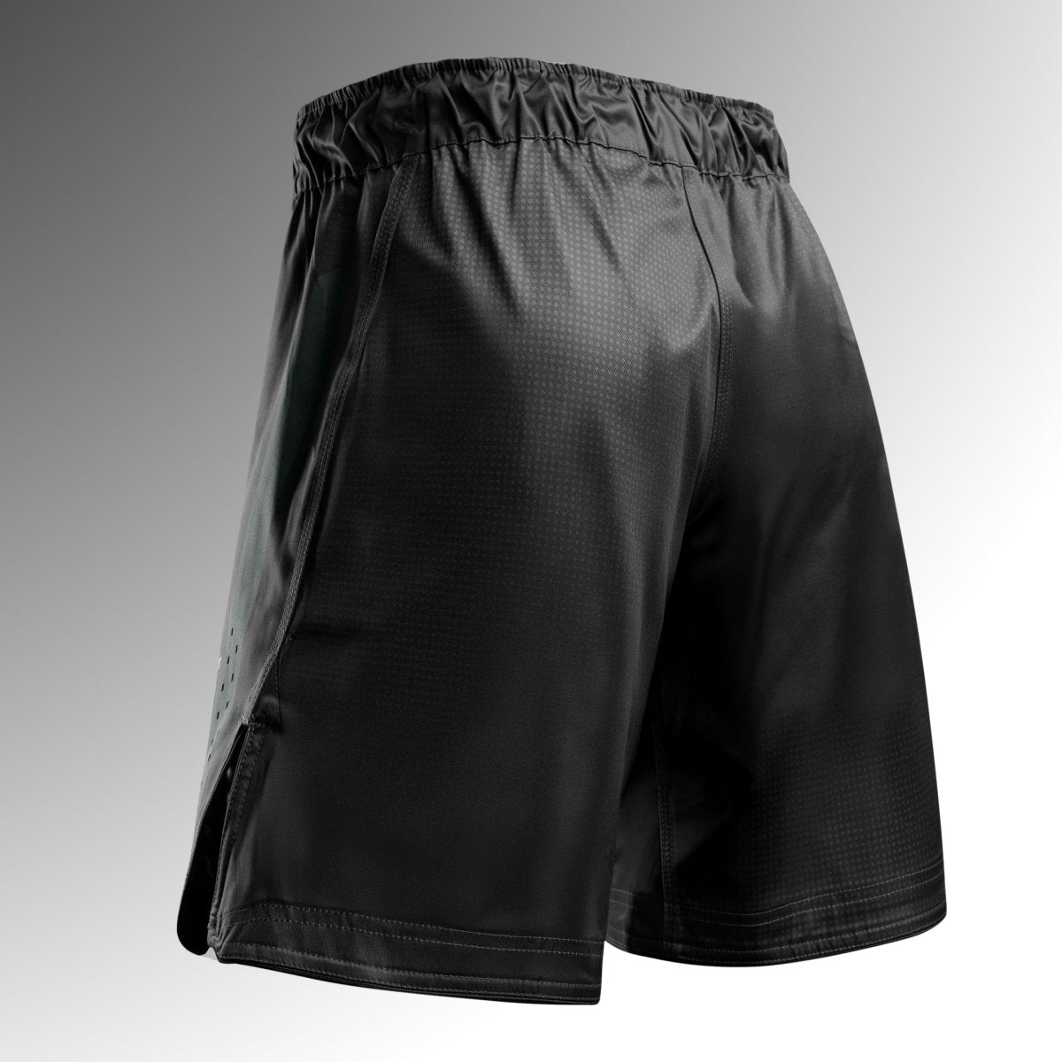 Rear view of the black Hayabusa Core Full-Length MMA shorts, classic long board short style cut