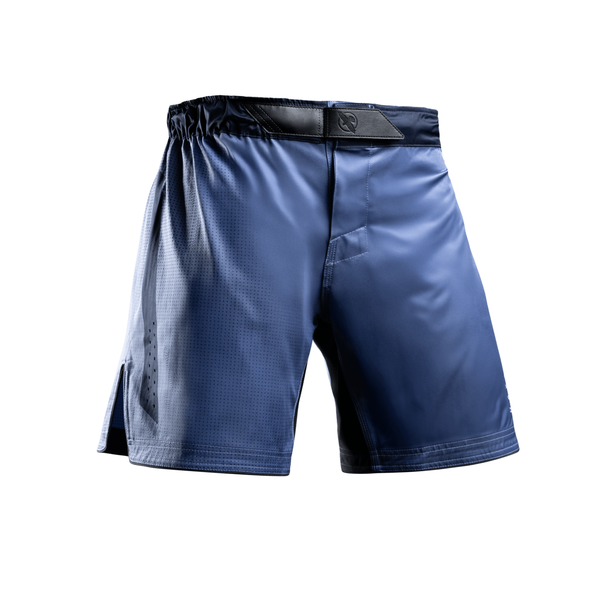 Front view of the blue Hayabusa Core Mid-Thigh MMA Shorts with interlock closure