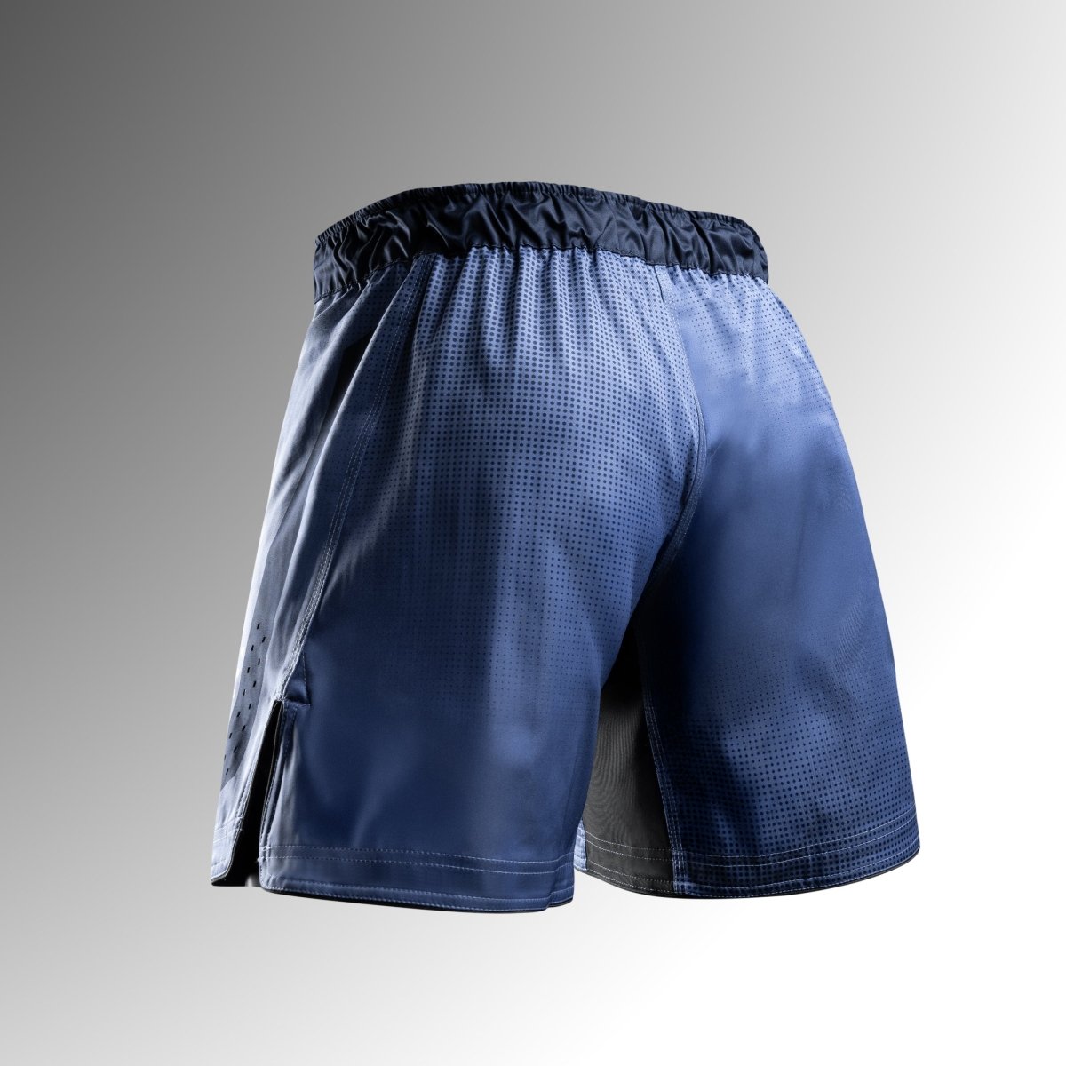 Rear view of the blue Hayabusa Core Mid-Thigh MMA shorts in tear-resistant fabric for No-Gi