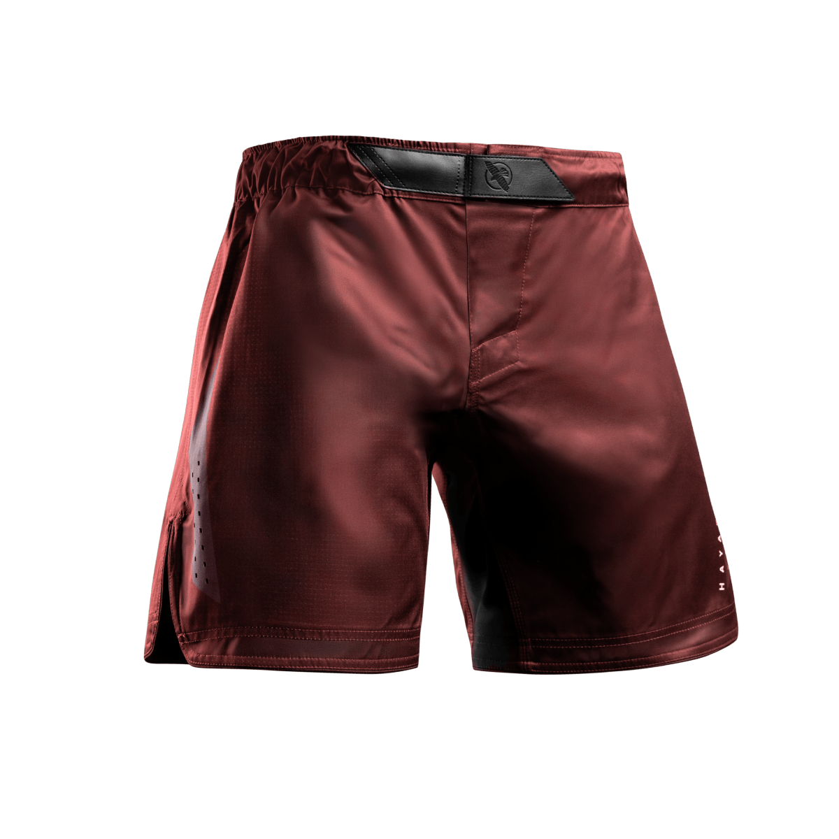Front view of the red Hayabusa Core Mid-Thigh MMA shorts with interlocking closure