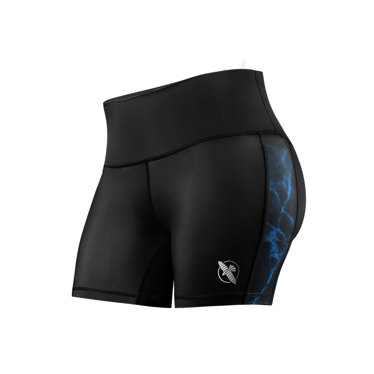 Front view of the black Vale Tudo UFC BJJ women's shorts with blue details