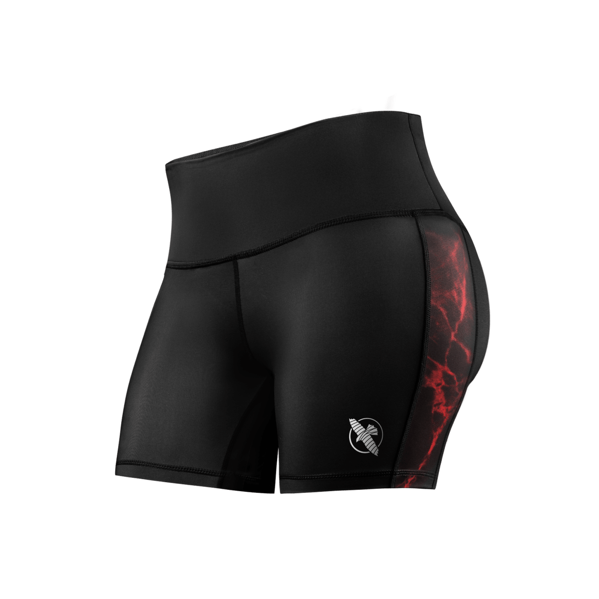 Front view of the black Vale Tudo UFC BJJ women's shorts with red details