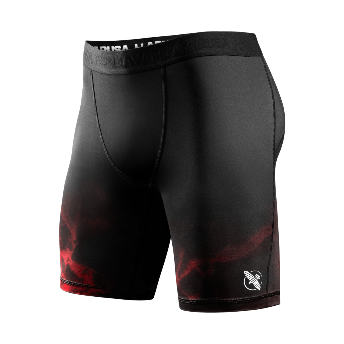 Vue de face du short officiel Vale Tudo UFC BJJ en noir avec détails rouges, coupe compression