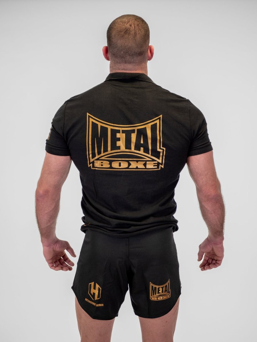 Rear view black Metal Boxing Hexagon MMA polo shirt, regular fit and quality finishes