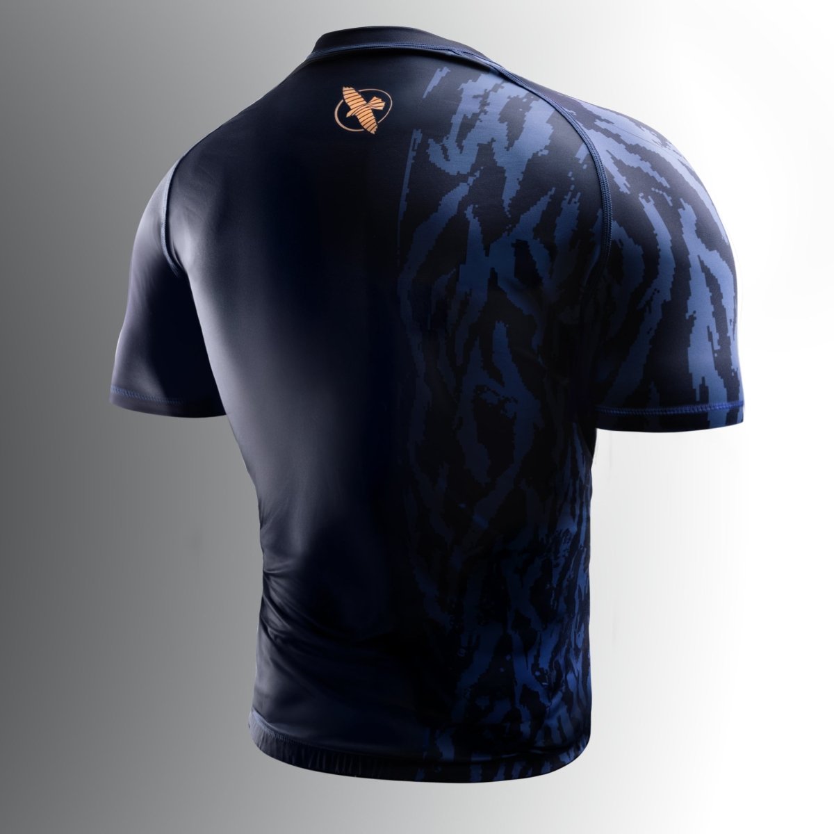 Back of the blue Hayabusa Apex technical rash guard for grappling