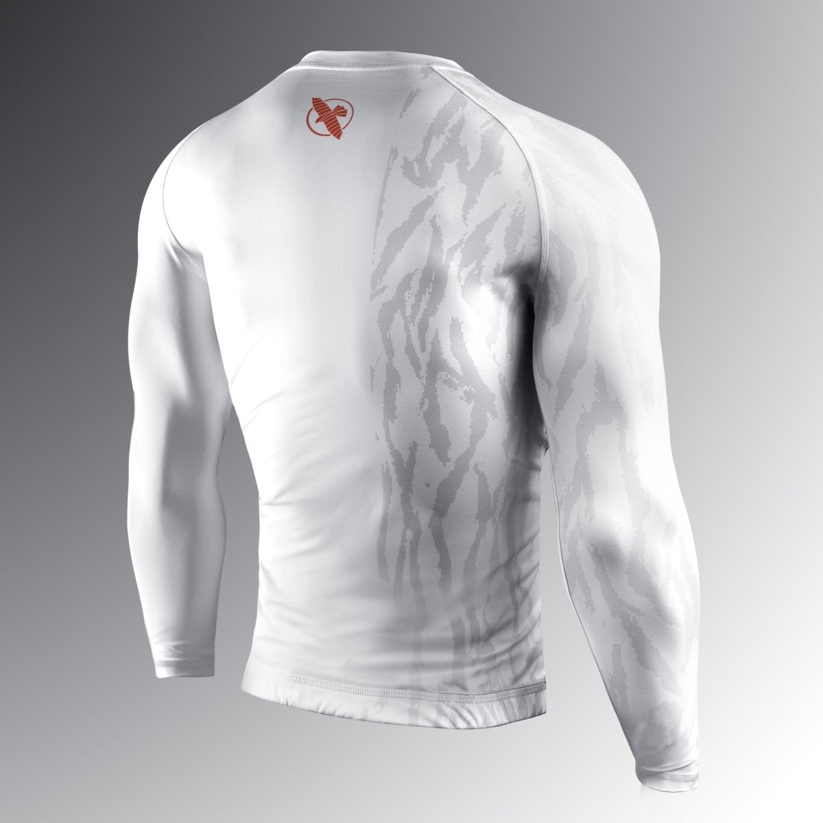 Rear view of the white Hayabusa Apex rash guard, breathable and protective design