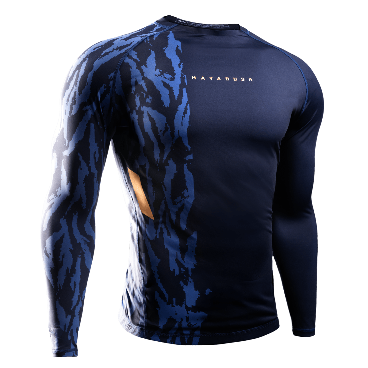 Front view of the blue Hayabusa Apex long-sleeved rash guard, adaptive fit