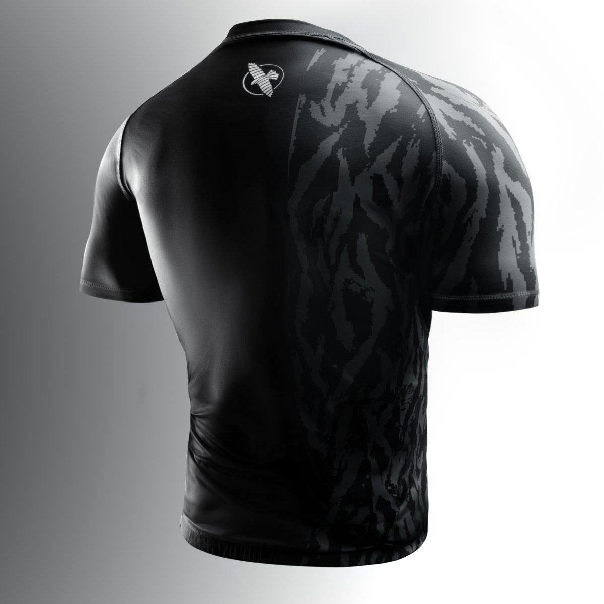 Back of the black Hayabusa Apex rash guard for MMA and BJJ