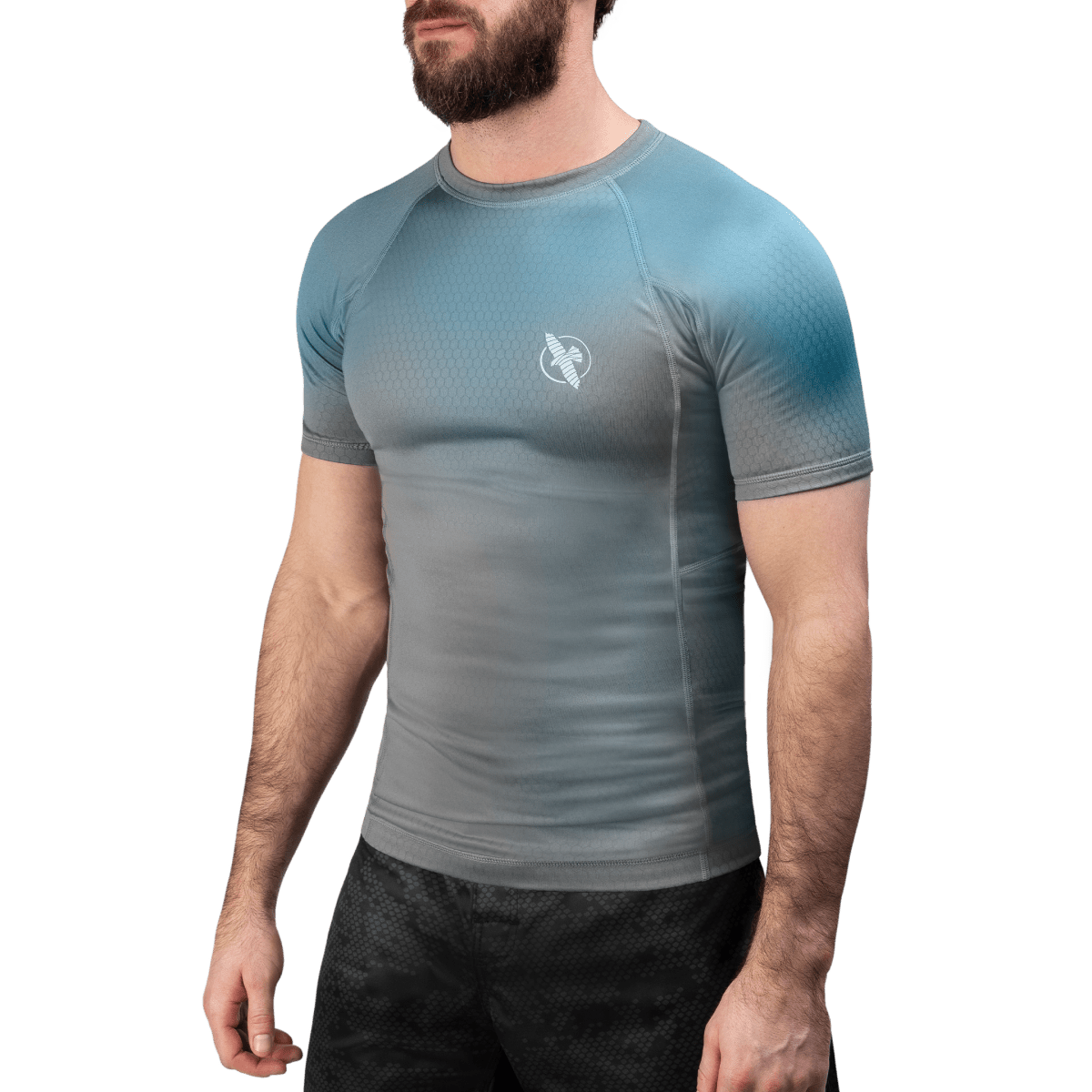 Vista frontal de la lycra Hayabusa Fusion gris y azul claro, ajuste ultraformado de alto rendimiento