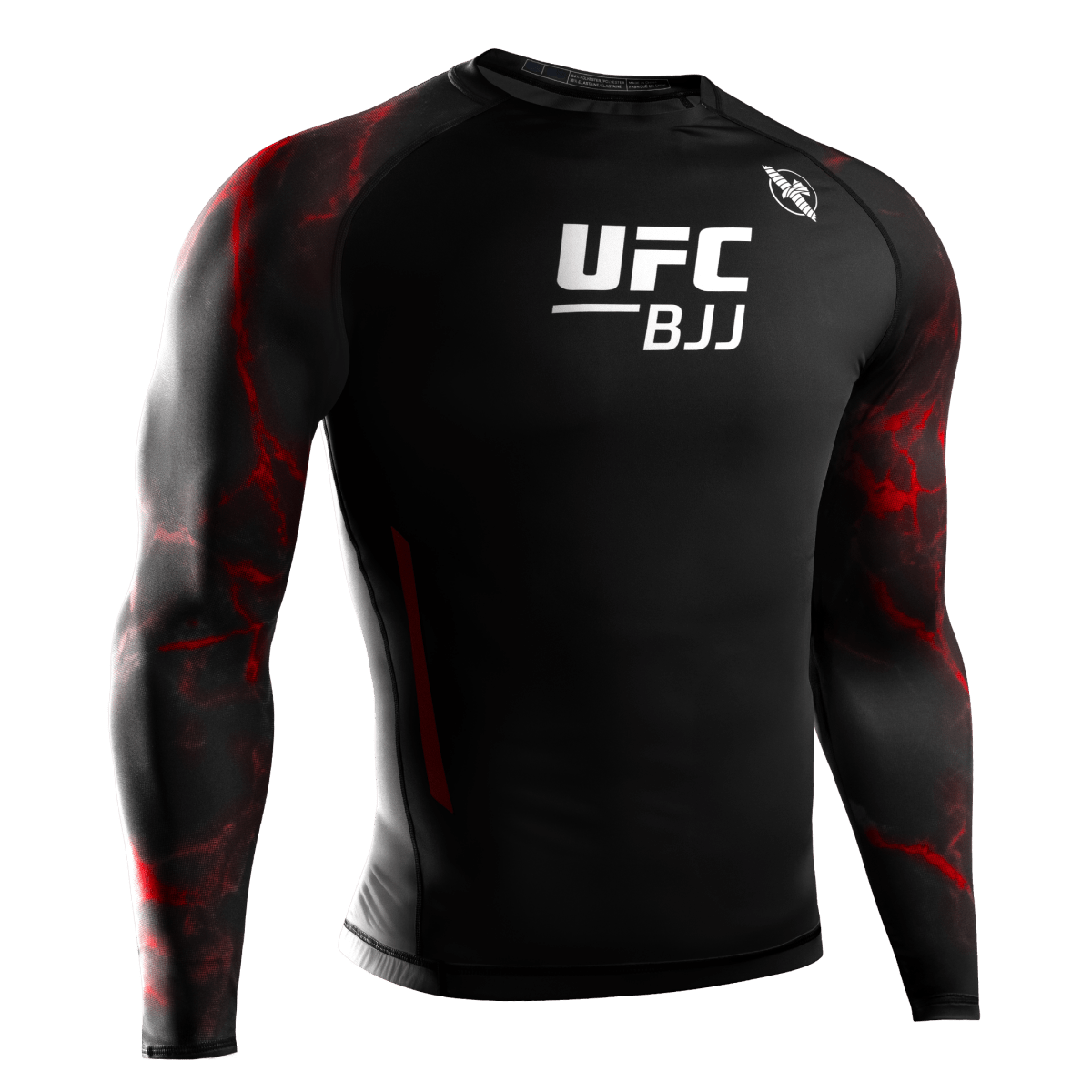 Vista frontal de la lycra de manga larga oficial de UFC BJJ en negro y rojo