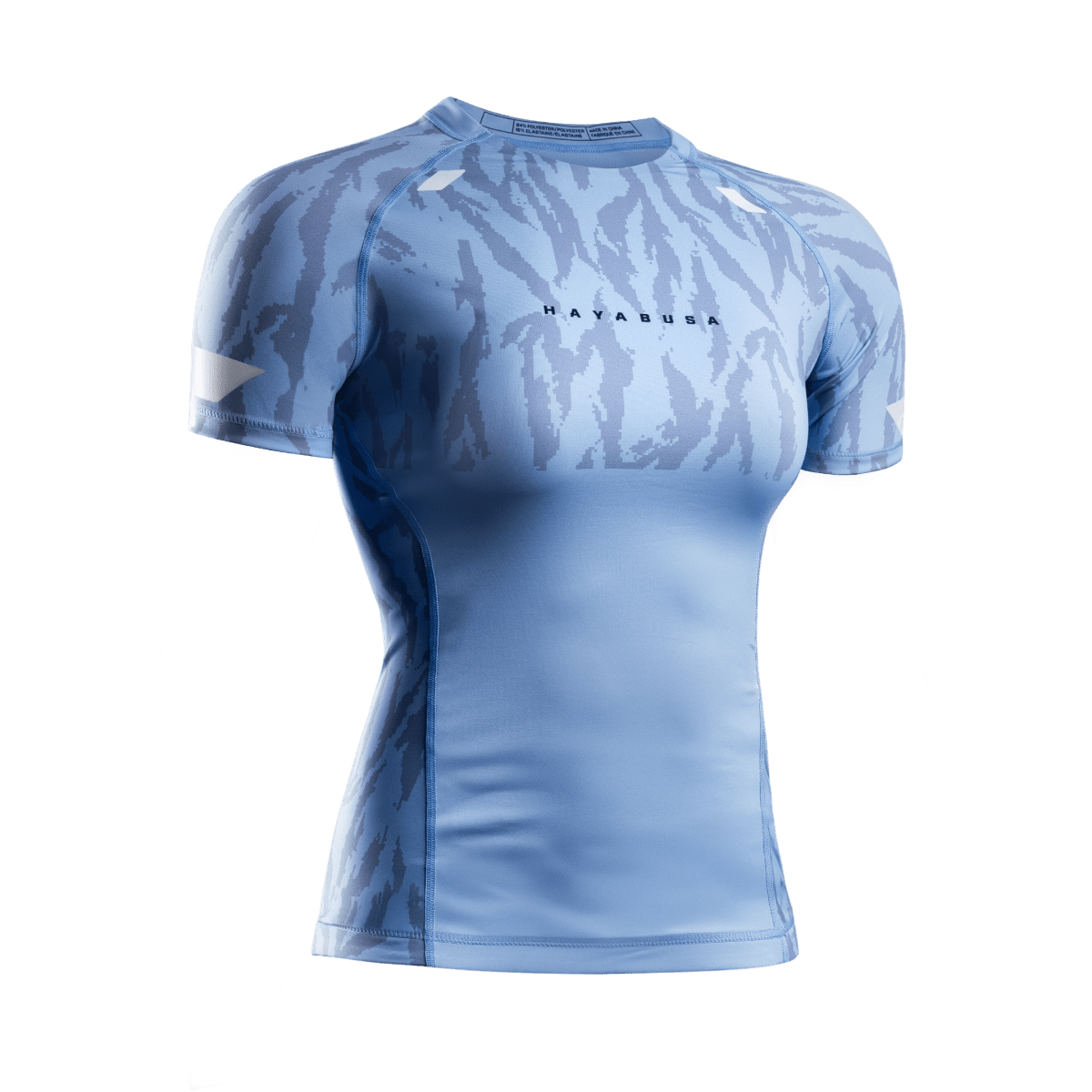 Front view of the light blue Hayabusa Apex women's rashguard, graduated compression for female athletes