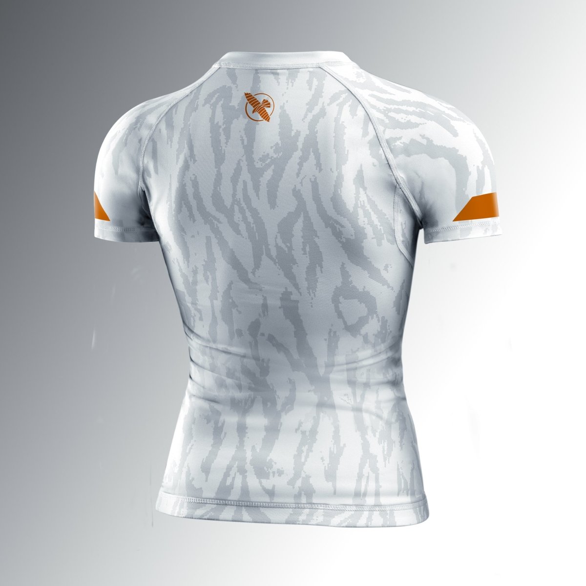 Rear view of the Hayabusa Apex white Ash women's rashguard, anti-chafing ultra-form fit