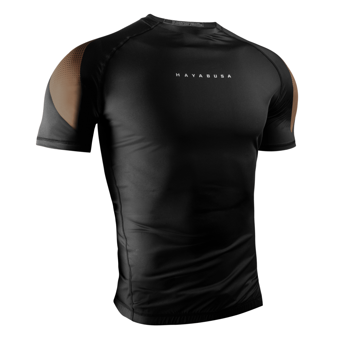Front view of the Hayabusa Pro Ranked brown short sleeve rashguard, professional protection for brown belts