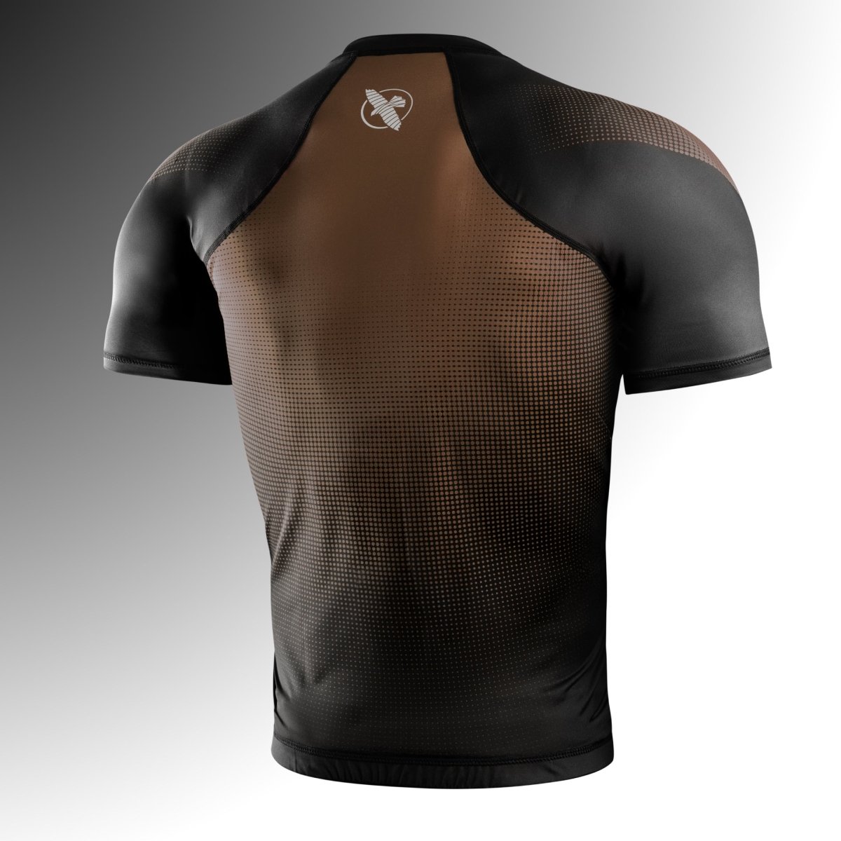 Rear view of the brown Hayabusa Pro Ranked short sleeve rashguard, silicone gripper waistband