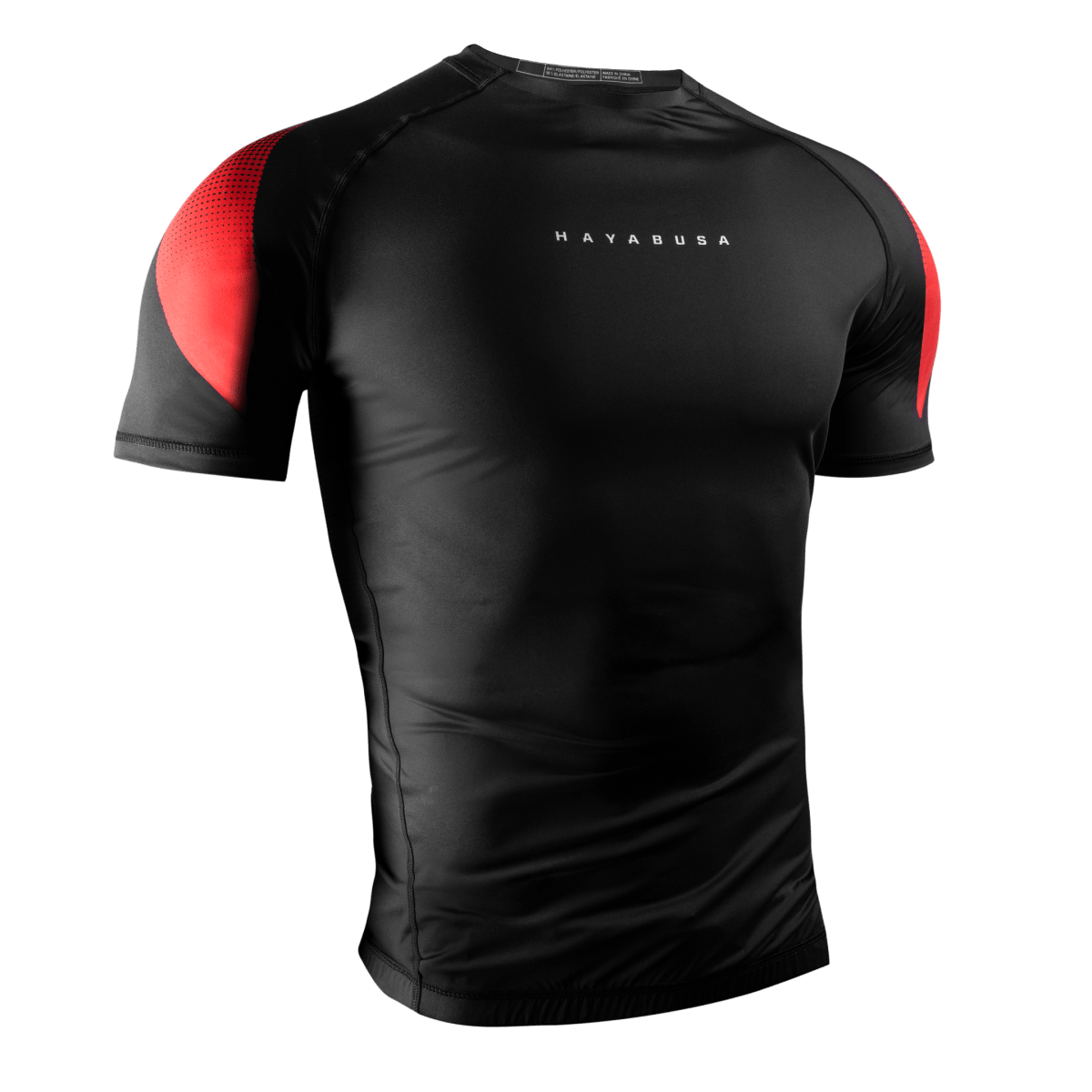 Front view of the black Hayabusa Pro Ranked short sleeve rashguard, elite fit for black belts