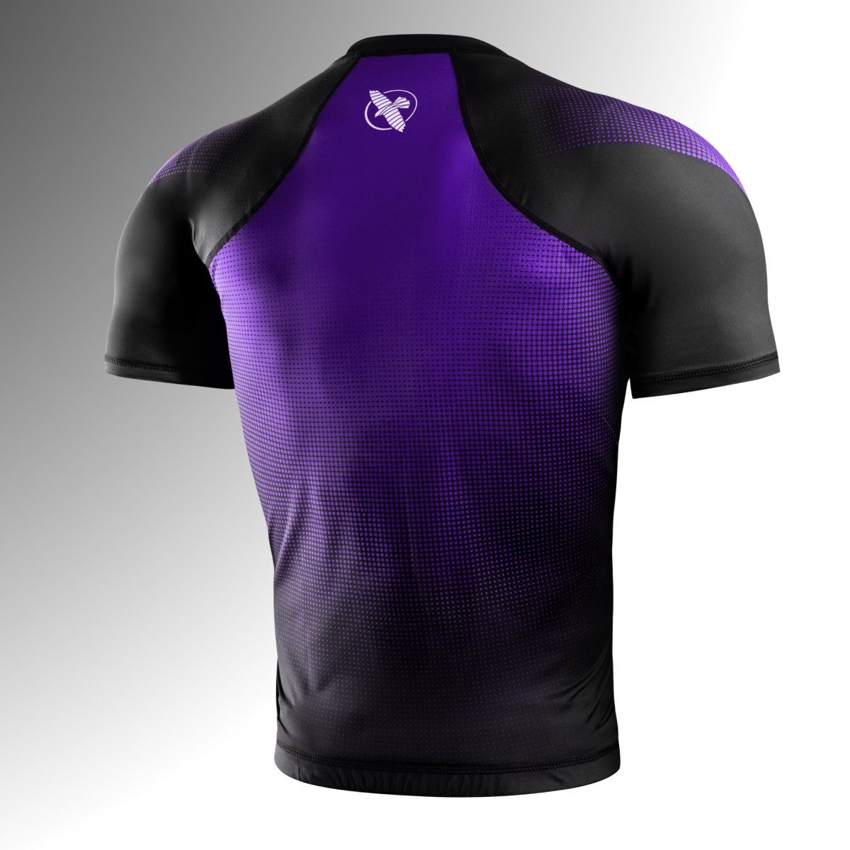 Back view of the Hayabusa Pro Ranked Short Sleeve Purple Rashguard, ultra-durable 200 GSM fabric