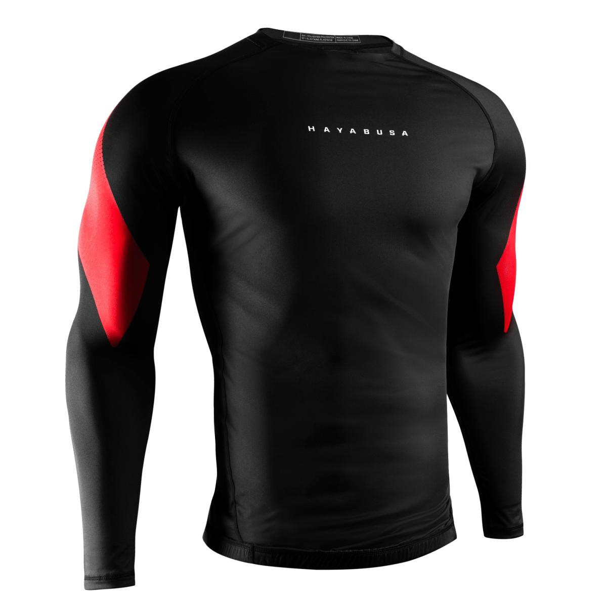 Čelní pohled na černý rashguard Hayabusa Pro Ranked, elitní vhodný pro černé pásy