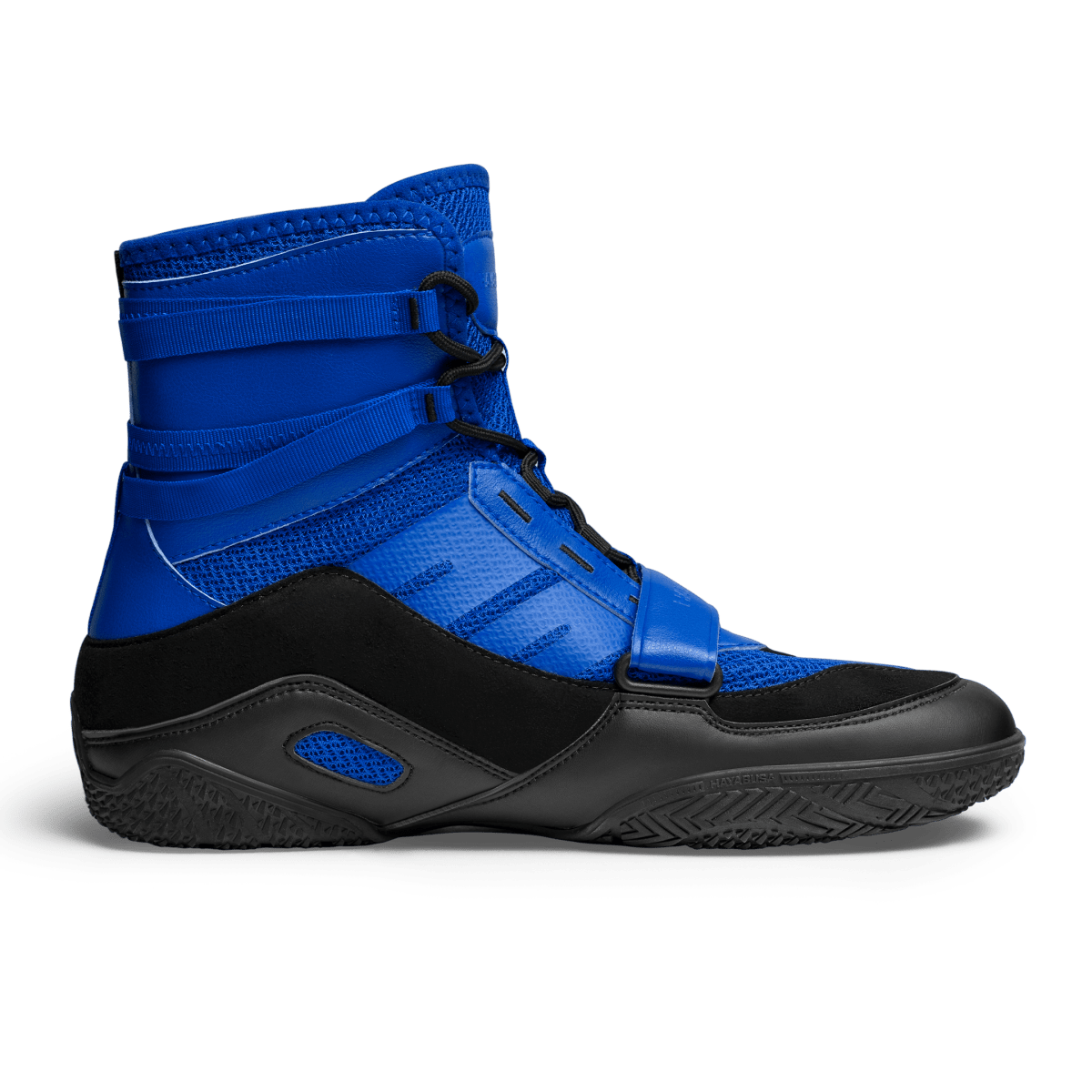 Perfil lateral del zapato azul Hayabusa Strike que muestra el logo lateral