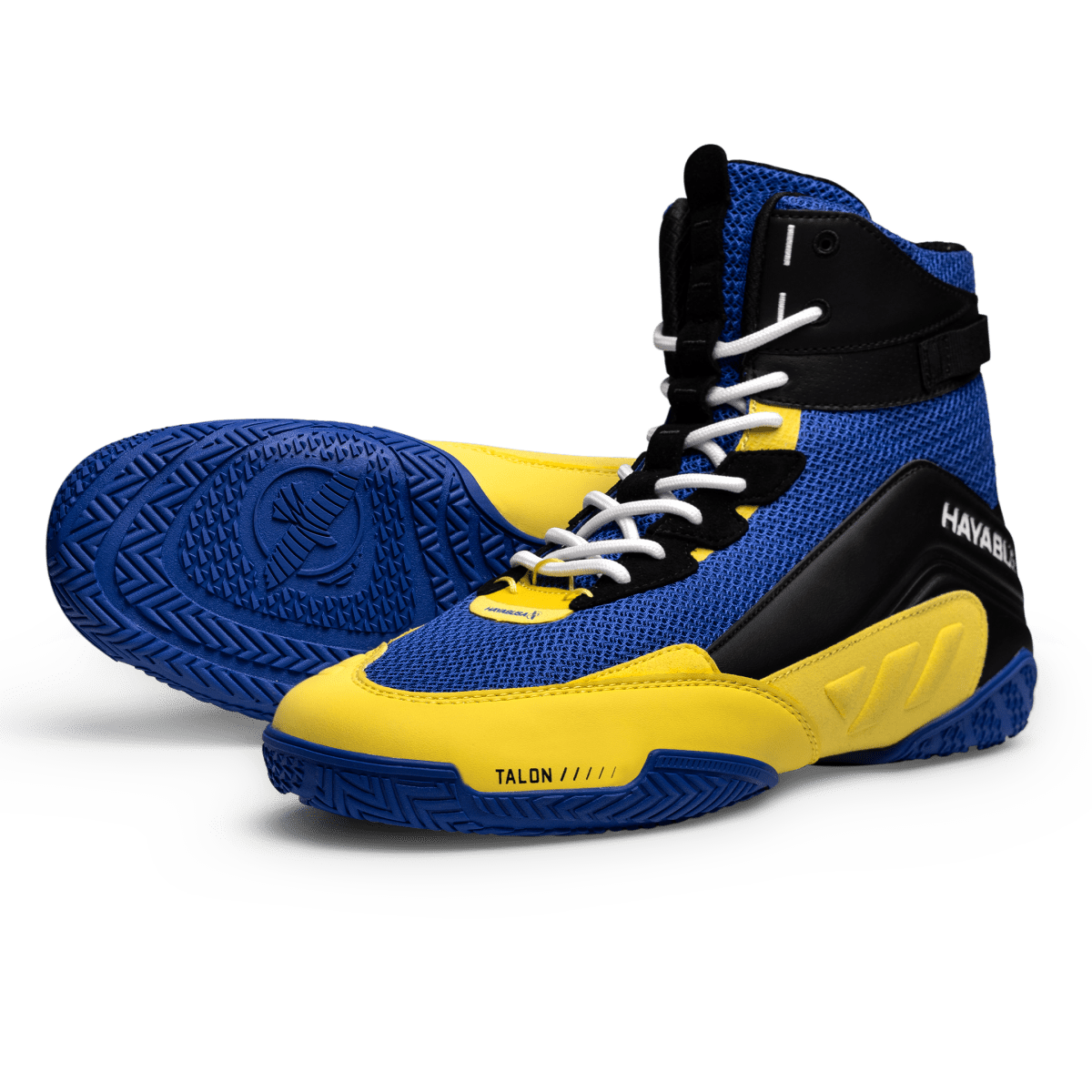 Blaue und gelbe Hayabusa Talon-Boxschuhe von vorne in Nahaufnahme