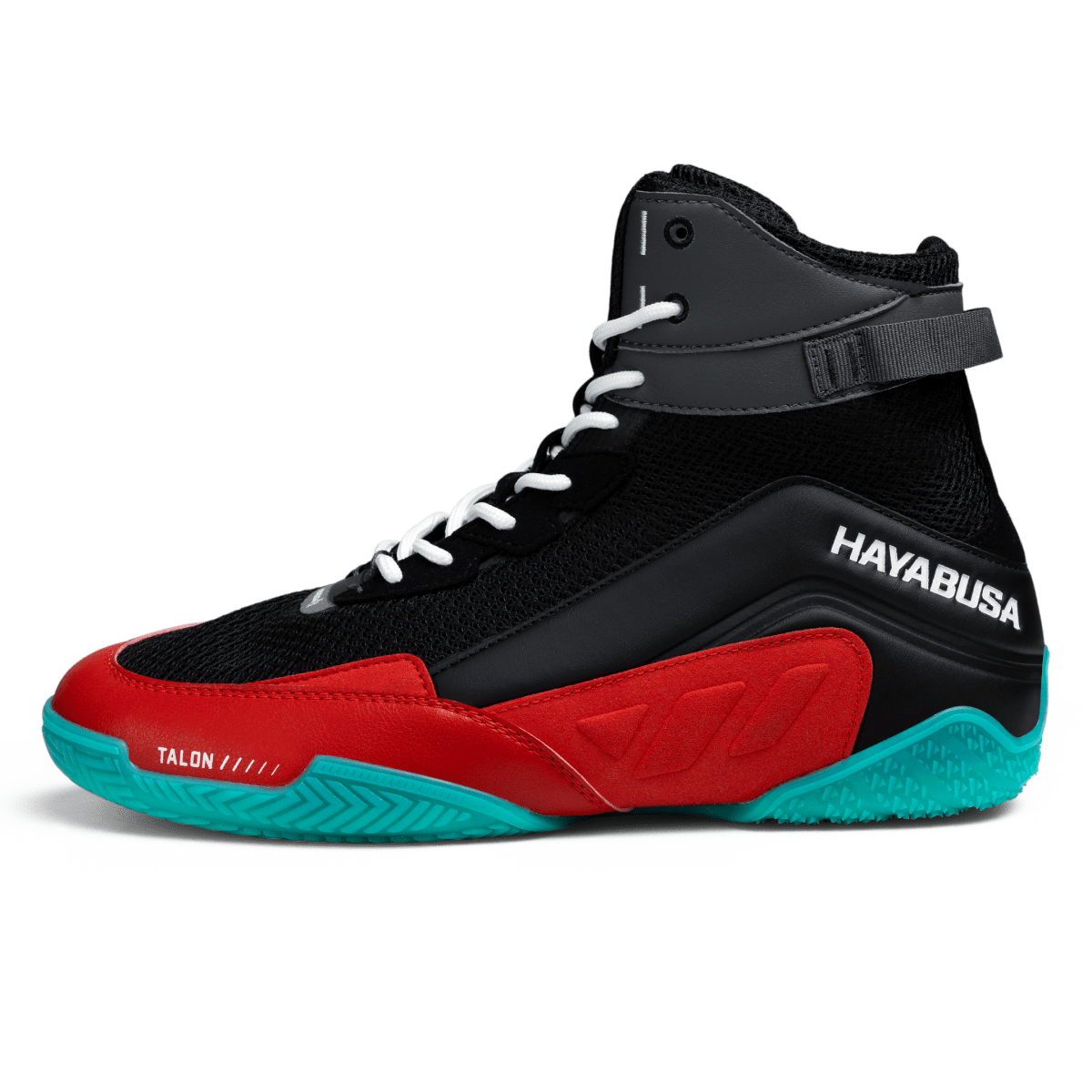 Detail der Mikrofaserleder- und Mesh-Materialien der schwarz-roten Hayabusa Talon-Schuhe