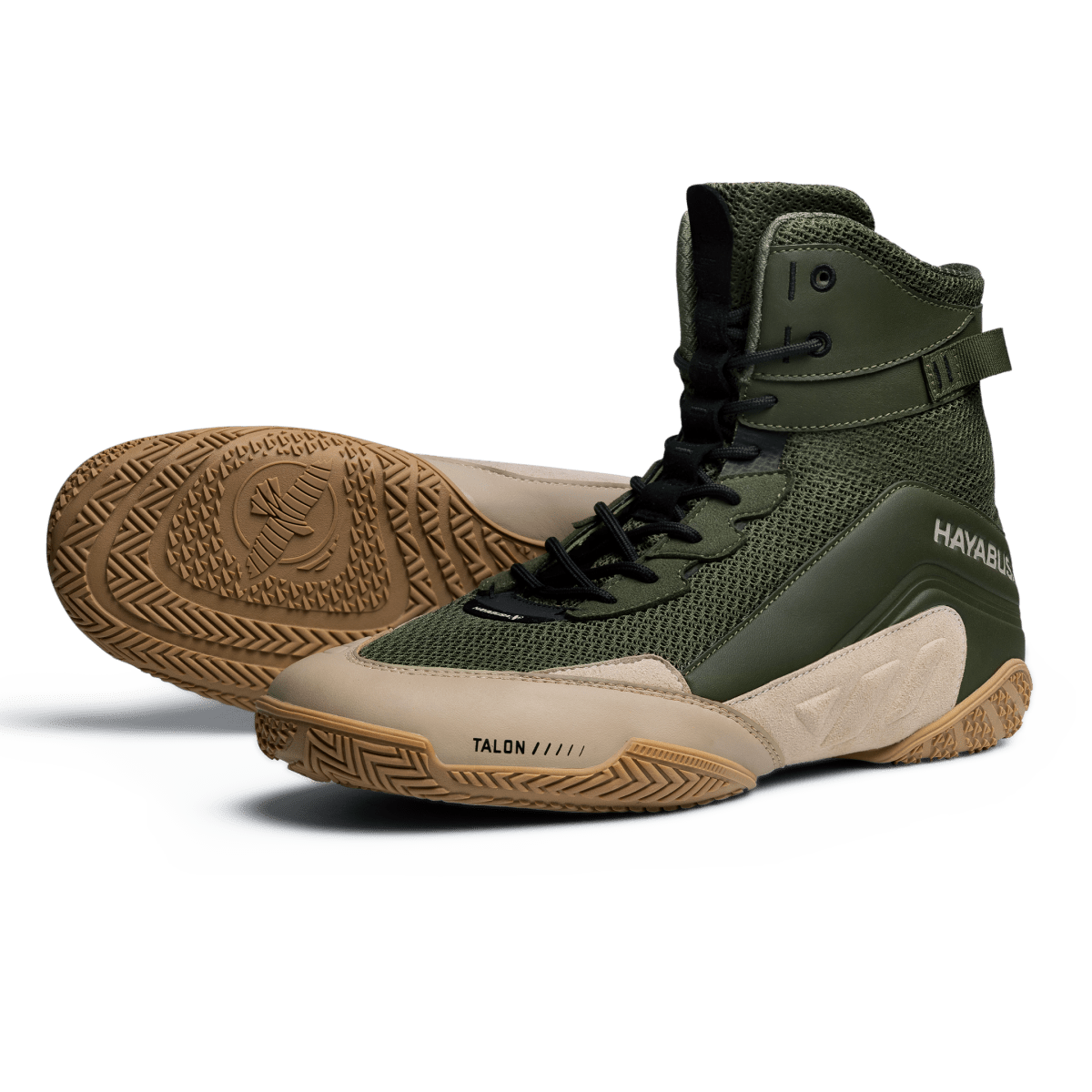 Grüne und braune Hayabusa Talon-Boxschuhe von vorne in Nahaufnahme