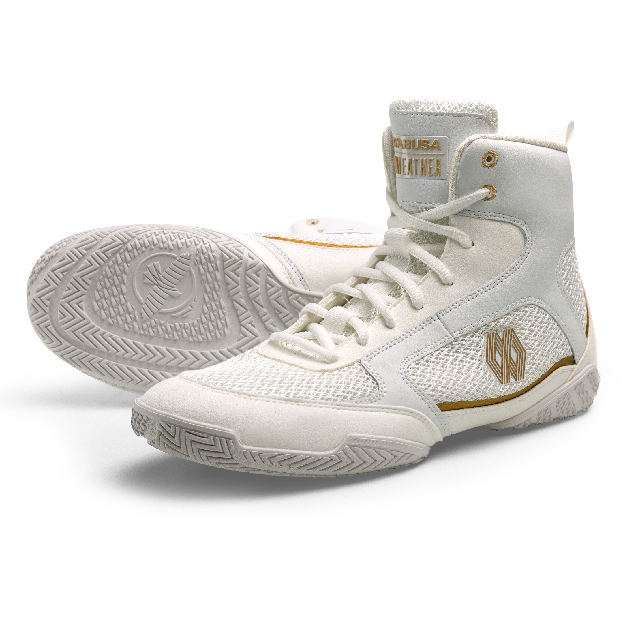 Coppia di scarpe da boxe Mayweather Champ bianche viste frontalmente