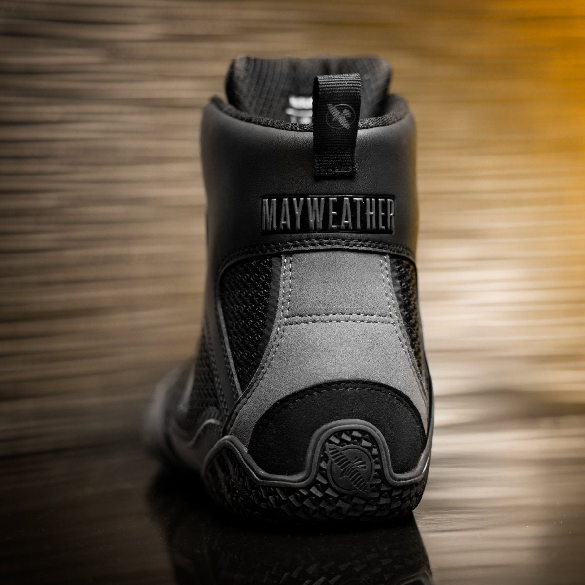 Rückansicht des grauen Mayweather Champ Boxschuhs mit Fersenstütze