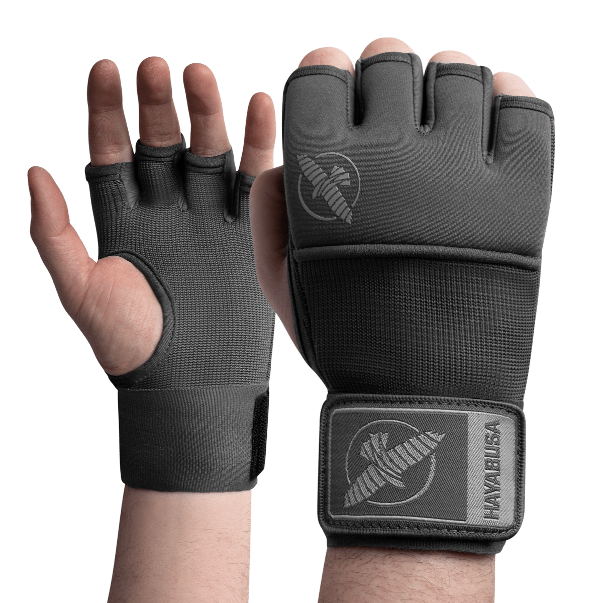 Vista frontale dei sotto-guanti grigi Hayabusa Deluxe Quick Wraps