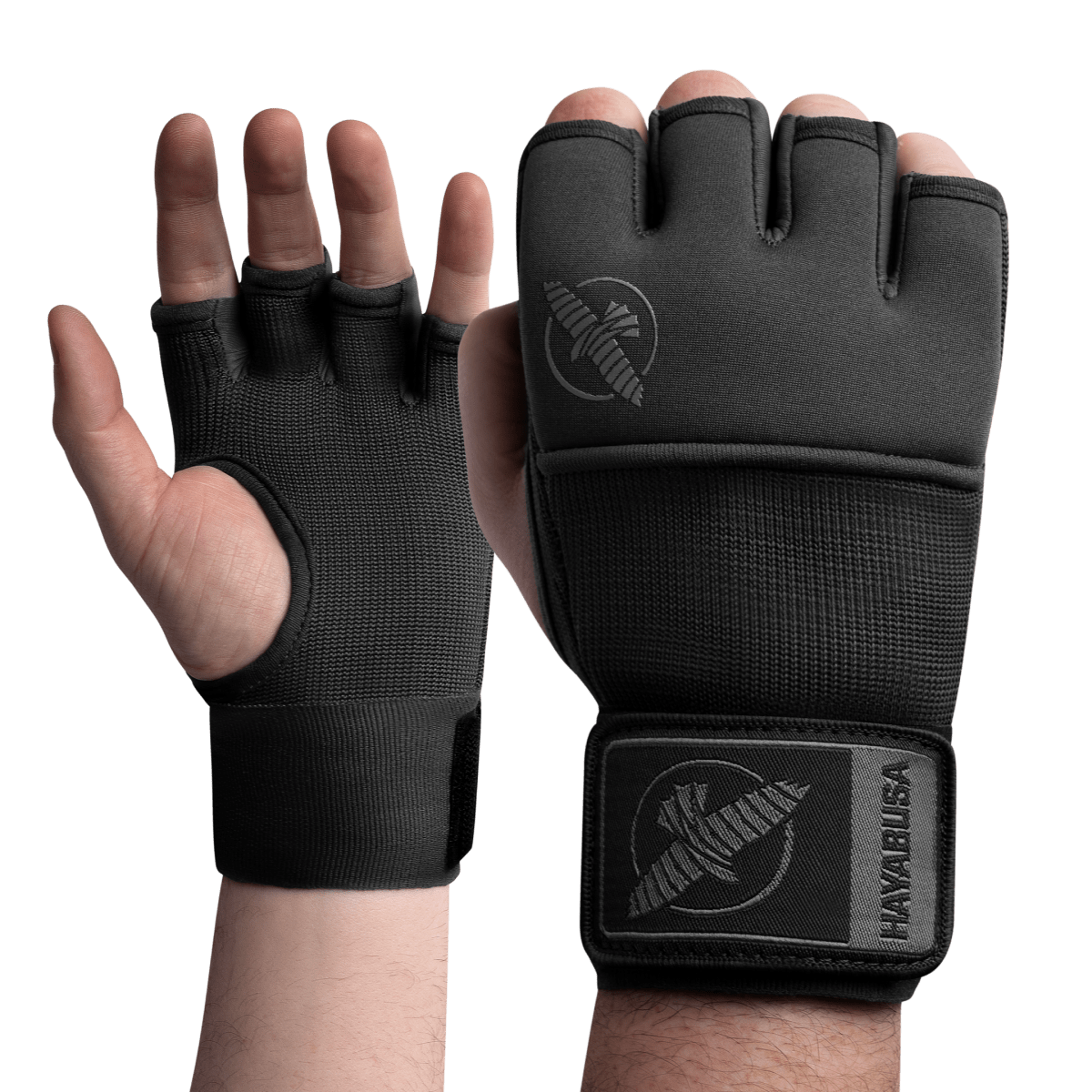 Vista frontale dei sotto-guanti neri Hayabusa Deluxe Quick Wraps professionali