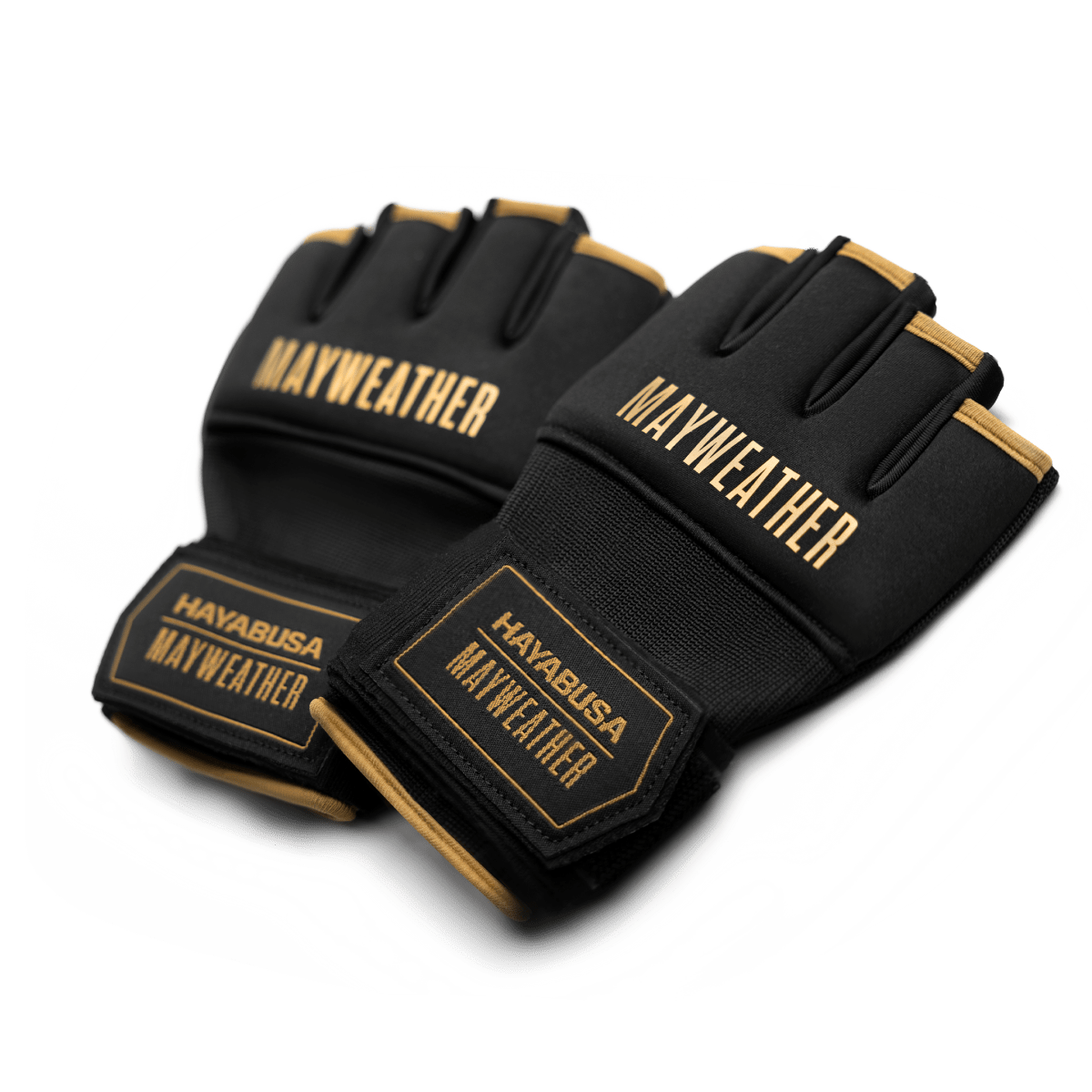 Pair of Mayweather Deluxe Quick Wraps black and gold liner gloves, full front view