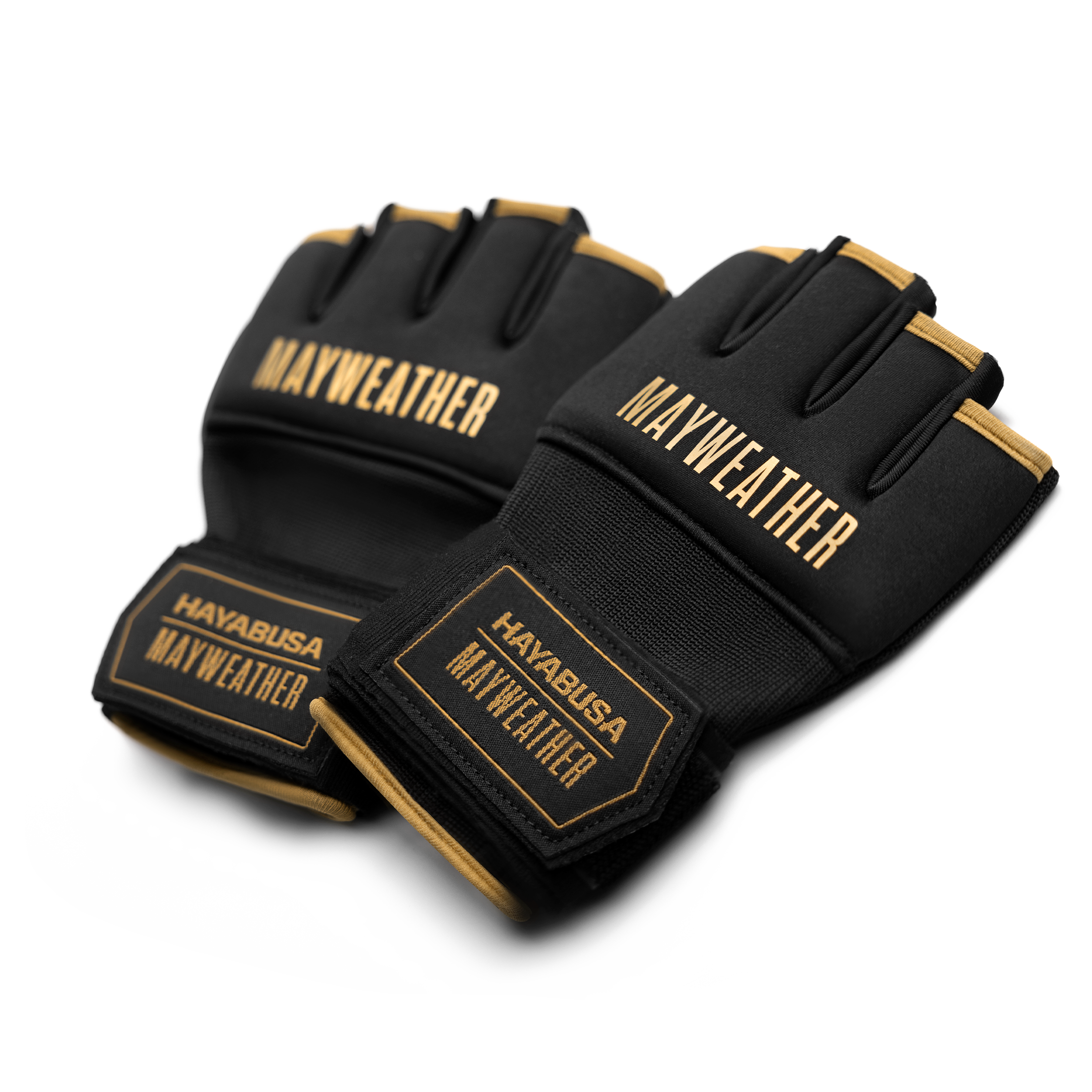 Coppia di sottoguanti Mayweather Deluxe Quick Wraps nero e oro vista frontale completa