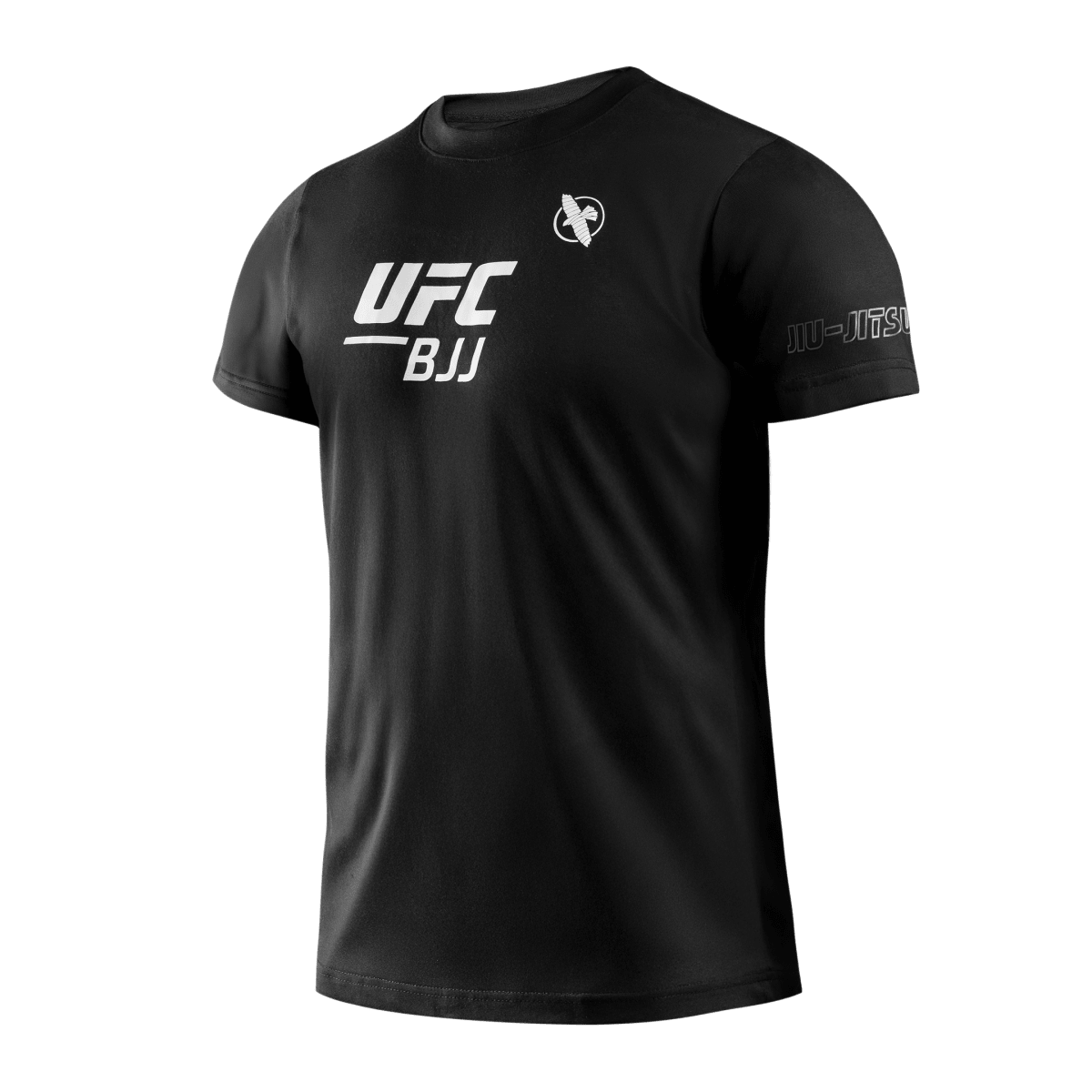 Vista frontale della t-shirt unisex Hayabusa UFC BJJ nera, con il logo ufficiale 'UFC BJJ' stampato sul petto