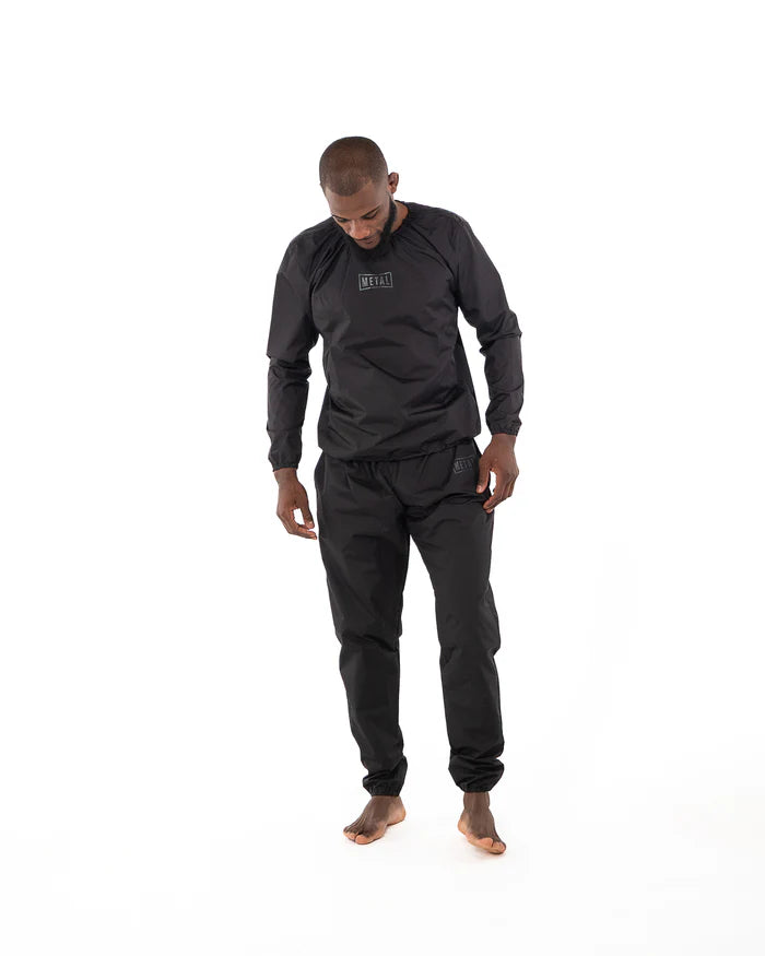 Tuta sauna Metal Boxe nera per perdita peso e cutting, vista frontale completa.