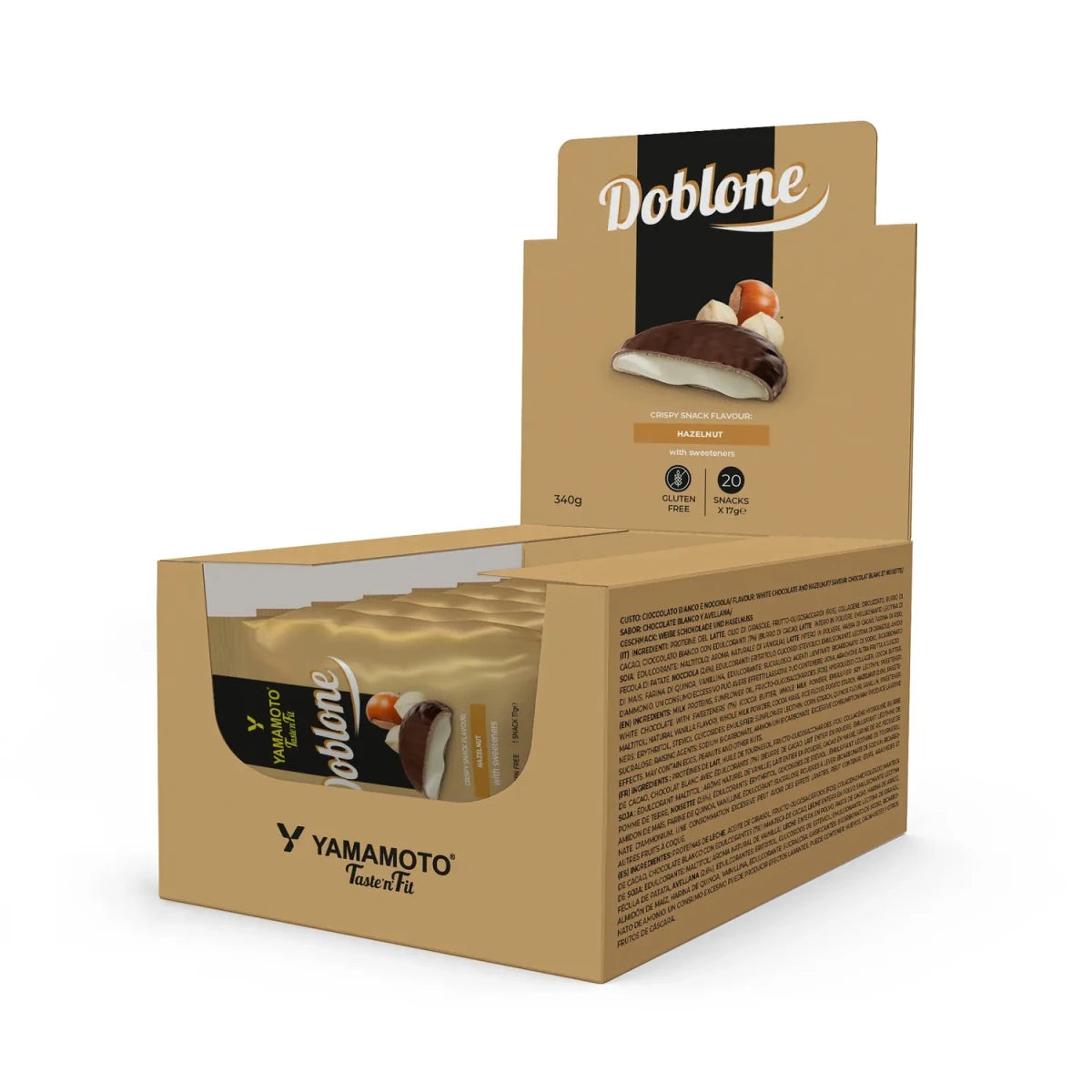 Box of 20 pieces of low-carb Doblone biscuits with hazelnut and white chocolate flavour
